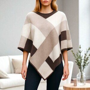 Charter Club Cashmere Poncho Beige & Brown Colorblock Design Luxury Lightweight
